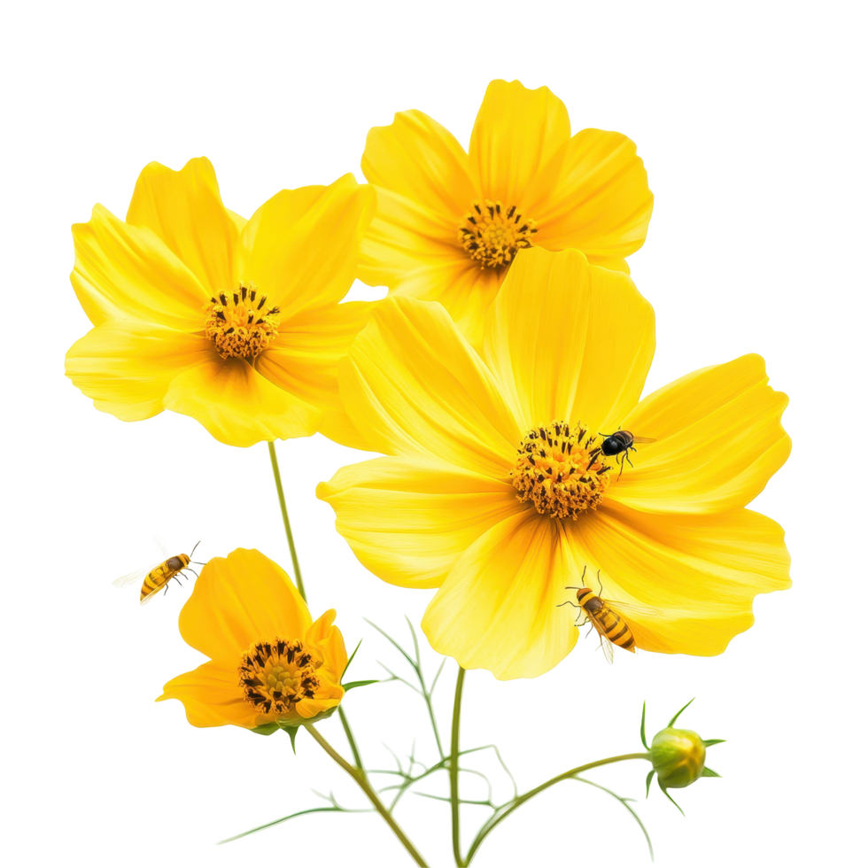 Closeup view of yellow cosmos flowers attracting nectarseeking bees in a bright and sunny environment, Closeup yellow cosmos flowers with nectarseeking insects isolated on Transparent background png