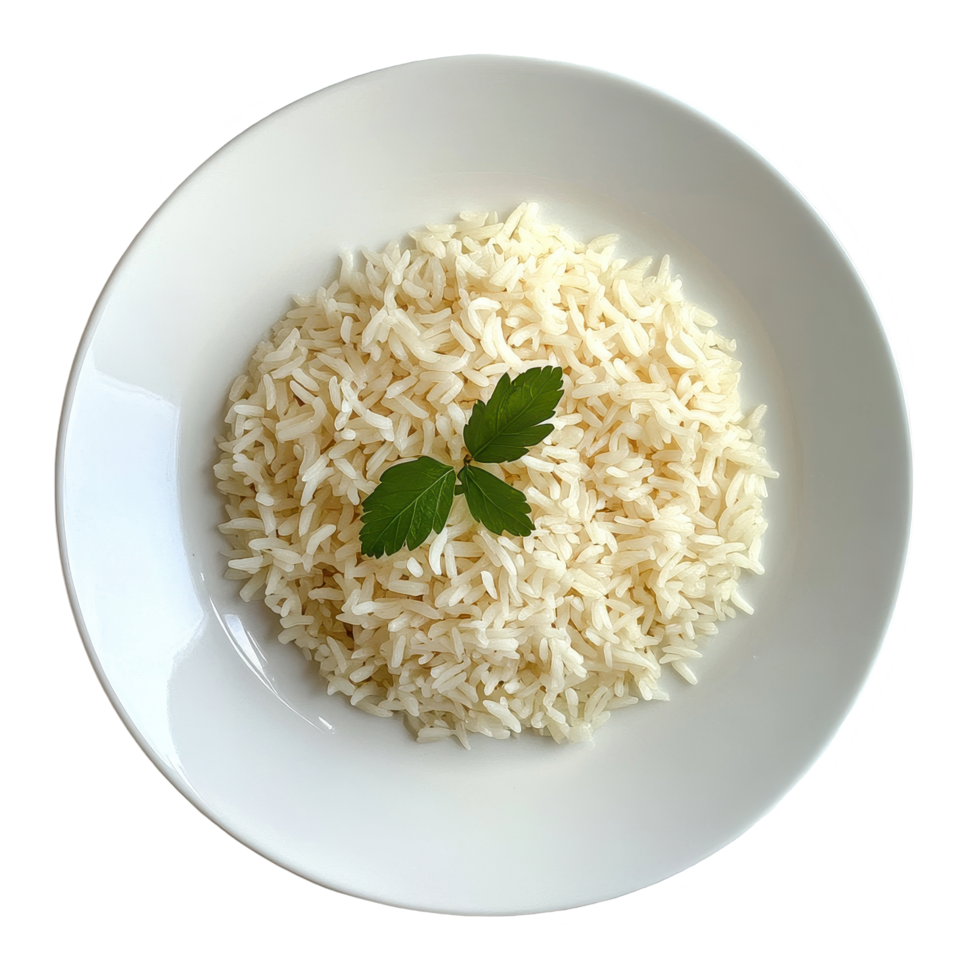 Simple jasmine rice served in a white plate on a clean Transparent background for a minimalist presentation, Jasmine rice in white plate on background png
