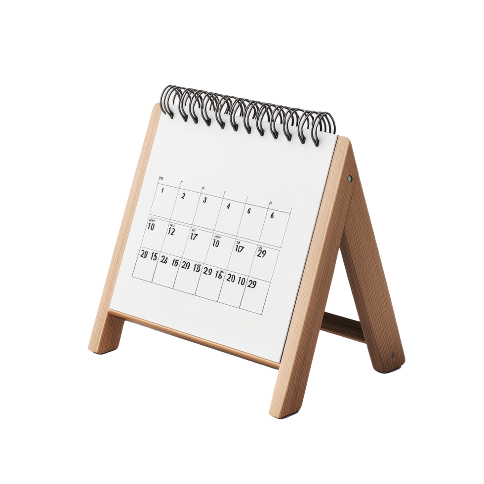Calendar for August displayed on a Transparent background with a simple wooden stand, table calendar 2025 august isolated on White background png