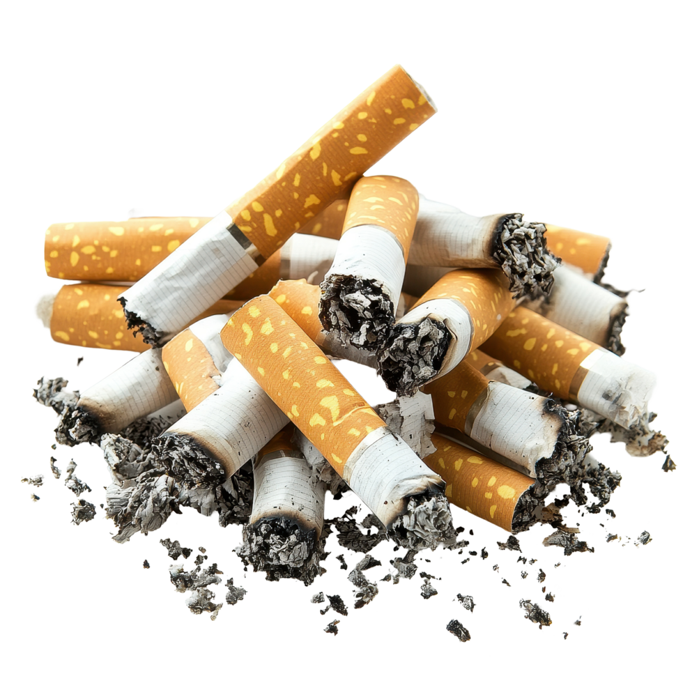 Collection of discarded cigarette butts on a white background highlighting the environmental impact of smoking litter, Cigarette butts Isolated png