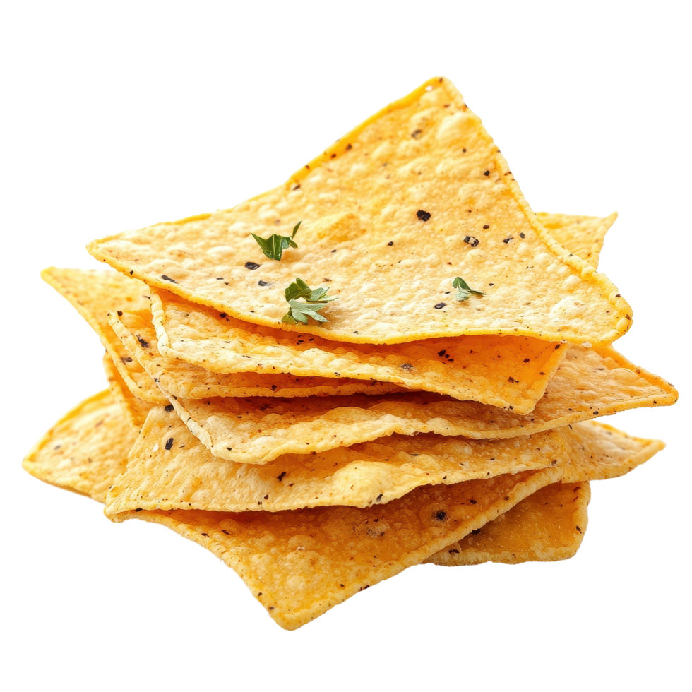 Tortilla chips stacked on a Transparent background showcasing a crunchy snack option for gatherings and parties, Tortilla chip isolated on background png