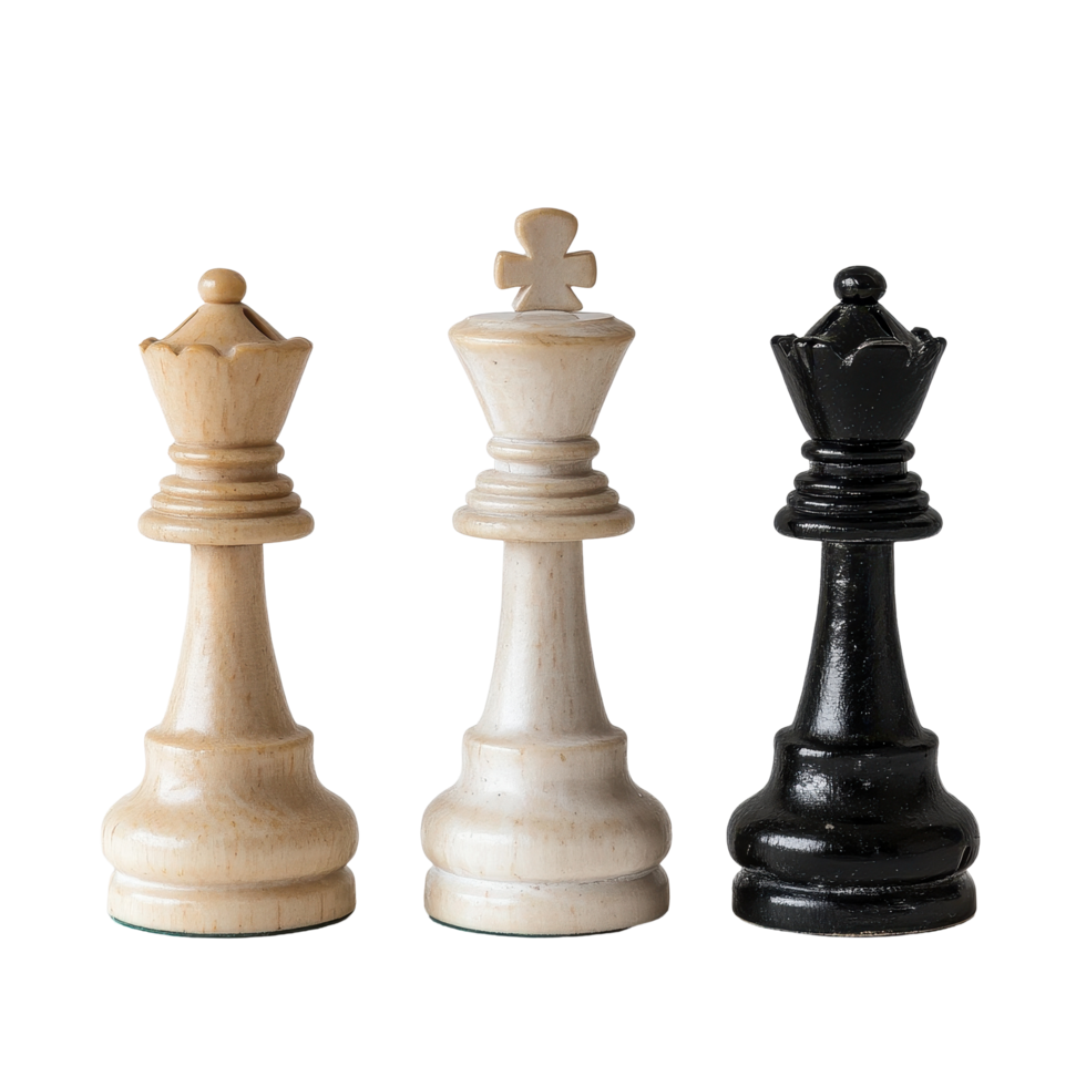 Three classic chess kings and pawns displayed on a white surface showcasing strategic elegance and game appeal, Classic Chess Three Kings and Pawns on a White Surface png