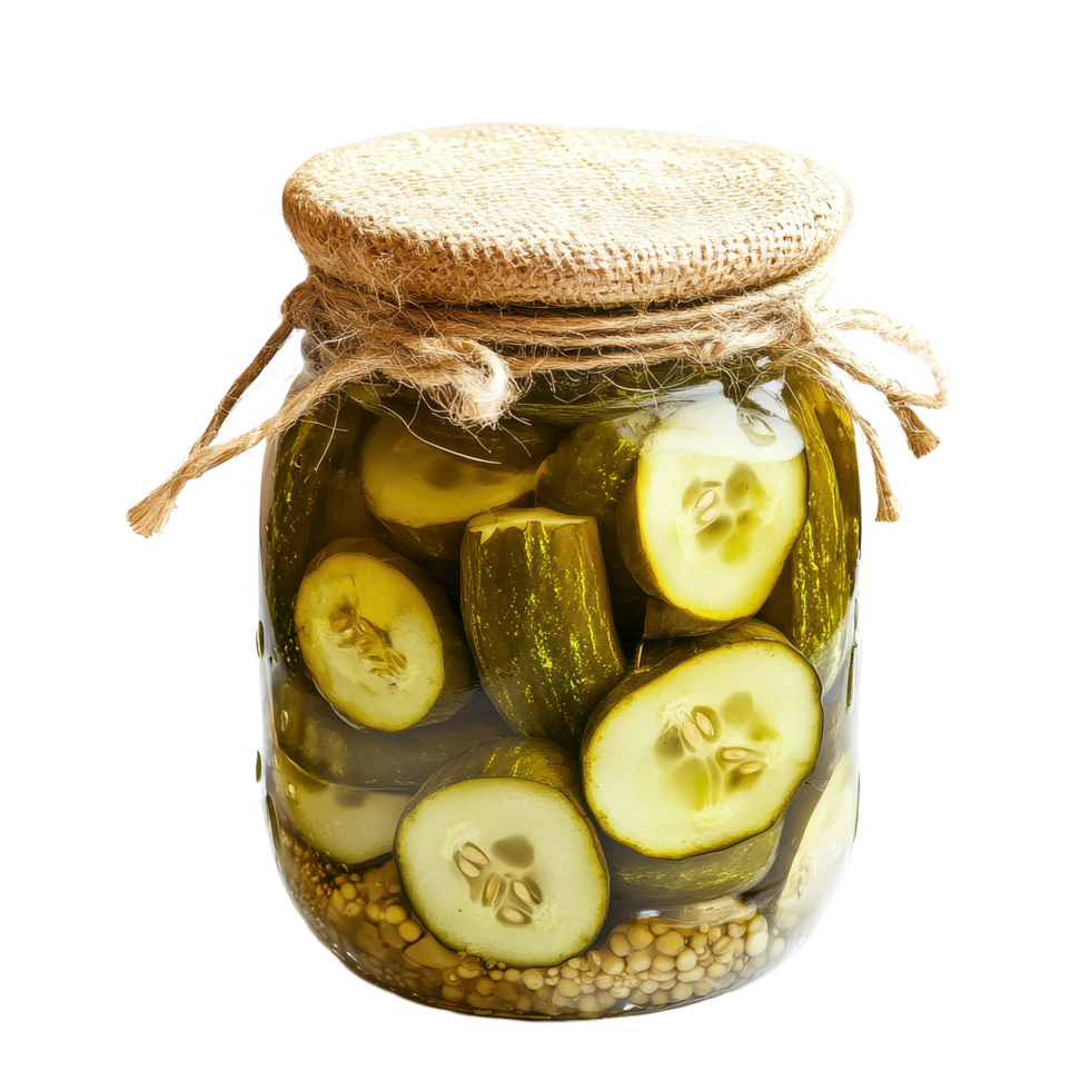 Pickled cucumber jar filled with fresh slices and spices on a Transparent background, Pickled cucumber in a jar isolated on background png