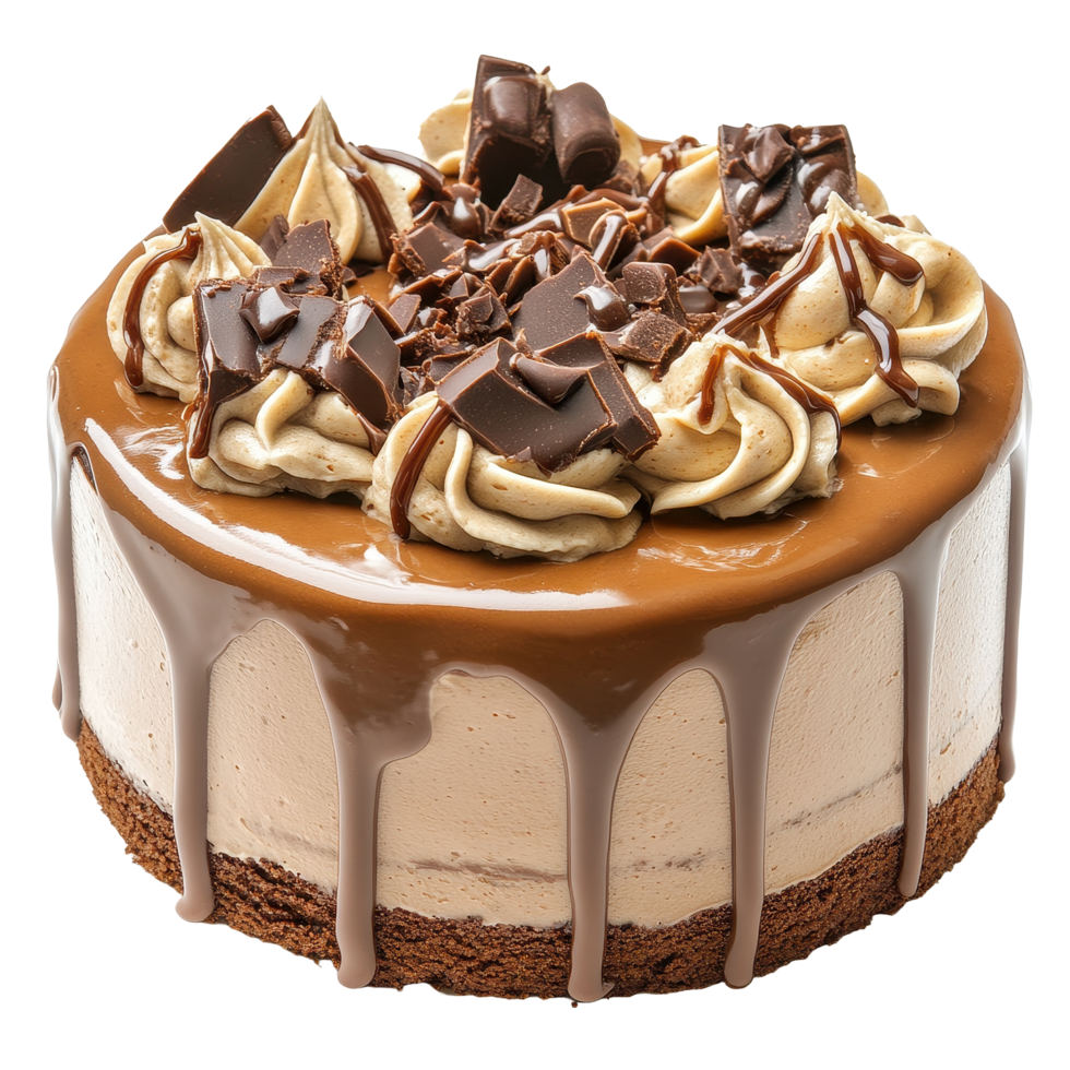 Indulge in delicious caramel mud cake topped with chocolate and cream on a white background, caramel mud cake isolated on white background png