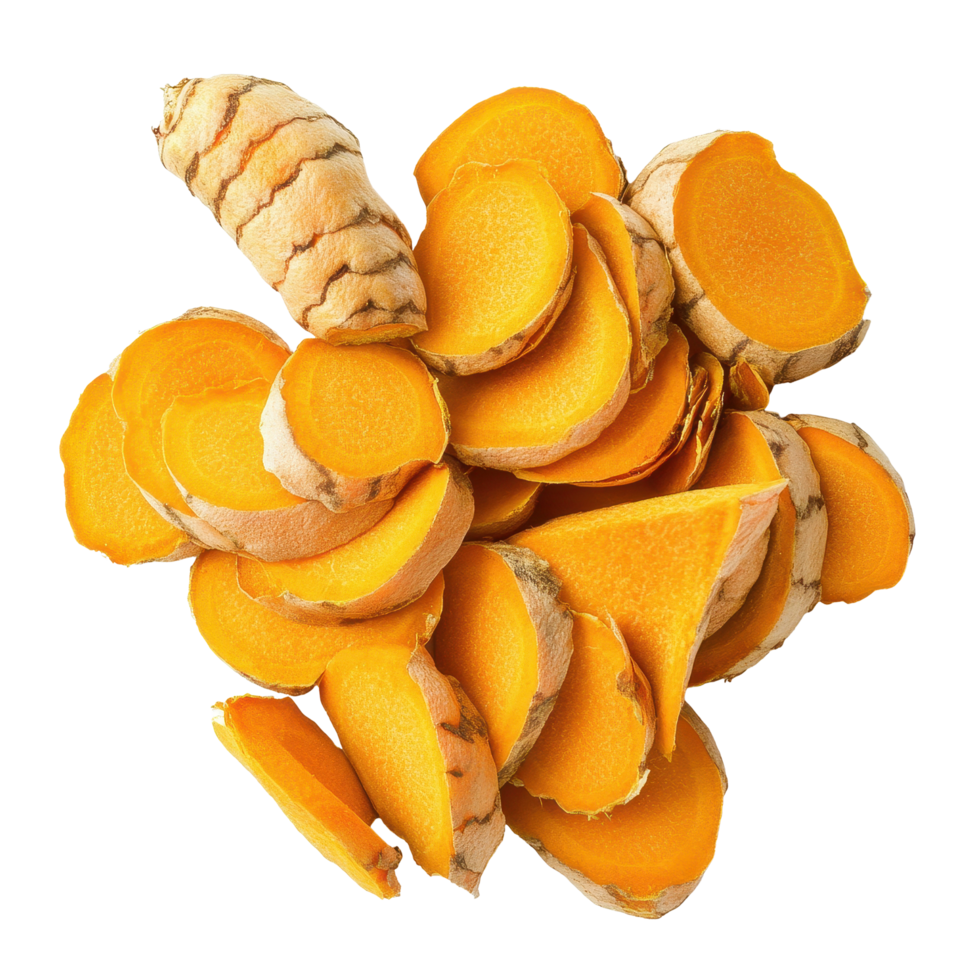 Sliced turmeric root isolated against a clean Transparent background highlighting its vibrant color and texture, Sliced turmeric Isolated on background png