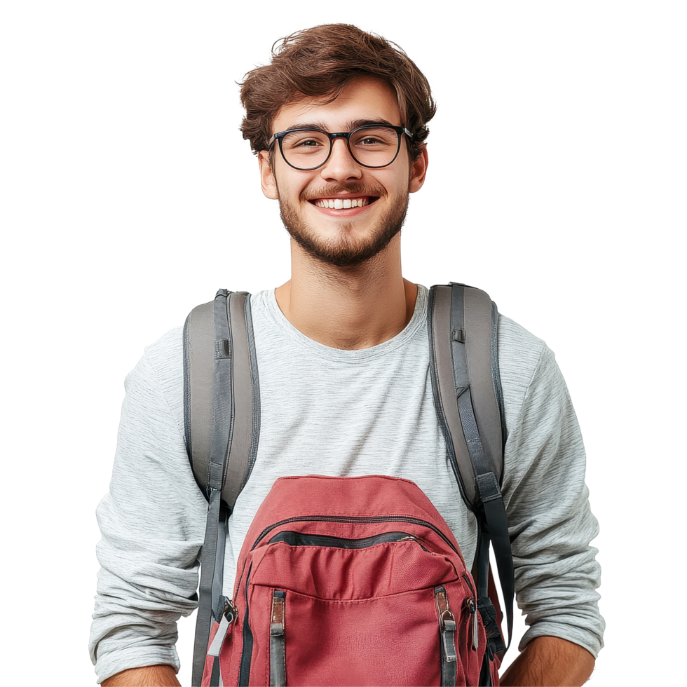Smiling student with backpack ready for a new academic adventure in a bright environment, Portrait a Smiling Student with Backpack, Transparent background png