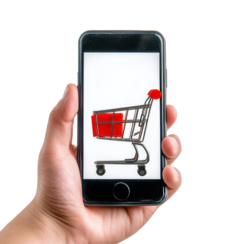Holding smartphone displaying a tiny shopping cart with red details, Hand holding smartphone with tiny shopping cart, shopping online concept white background png