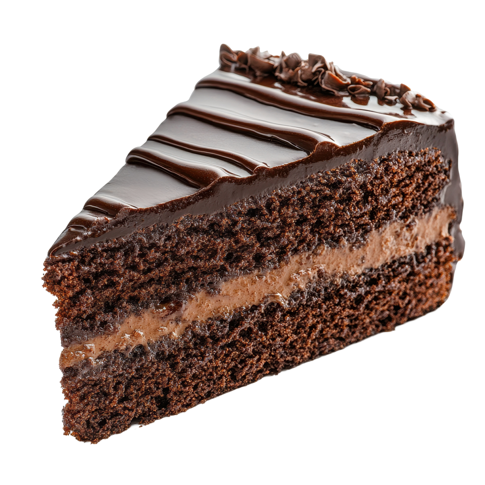 Delightful chocolate cake slice showcasing rich layers and glossy ganache on a white background, Chocolate cake slice isolated on white background png