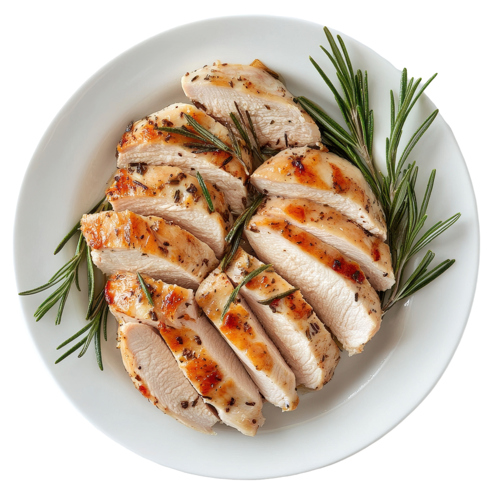 Sliced chicken breast garnished with fresh rosemary on a white plate for a delicious meal, Sliced Chicken Breast with Rosemary Garnish on White Platter, Transparent background png