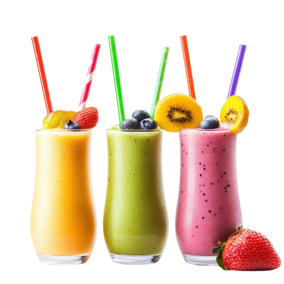 Refreshing fruit smoothies in colorful glasses with straws on white background, Fruit Smoothies with Straws Isolated on a White Background png