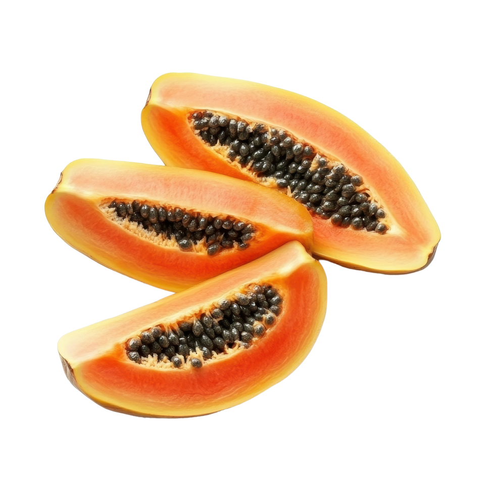 Slices of sweet papaya with vibrant orange flesh and black seeds on a Transparent background, Slices of sweet papaya isolated on background png