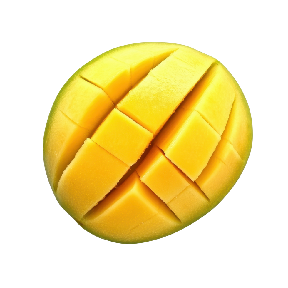 Sliced mango with vibrant yellow flesh on a clean Transparent background to highlight its freshness and natural texture, Sliced mango isolated on background png