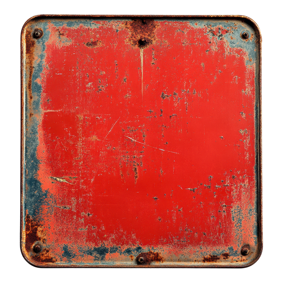 Rusted red sign with weathered edges captures the essence of forgotten spaces, red sign with rusted edges and a rusted metal frame, Transparent background png