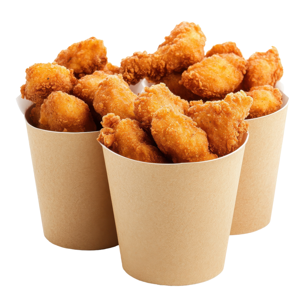 Delicious fried chicken nuggets served in paper cups on a white background, Fried Chicken Nuggets in Paper Cups On white background png