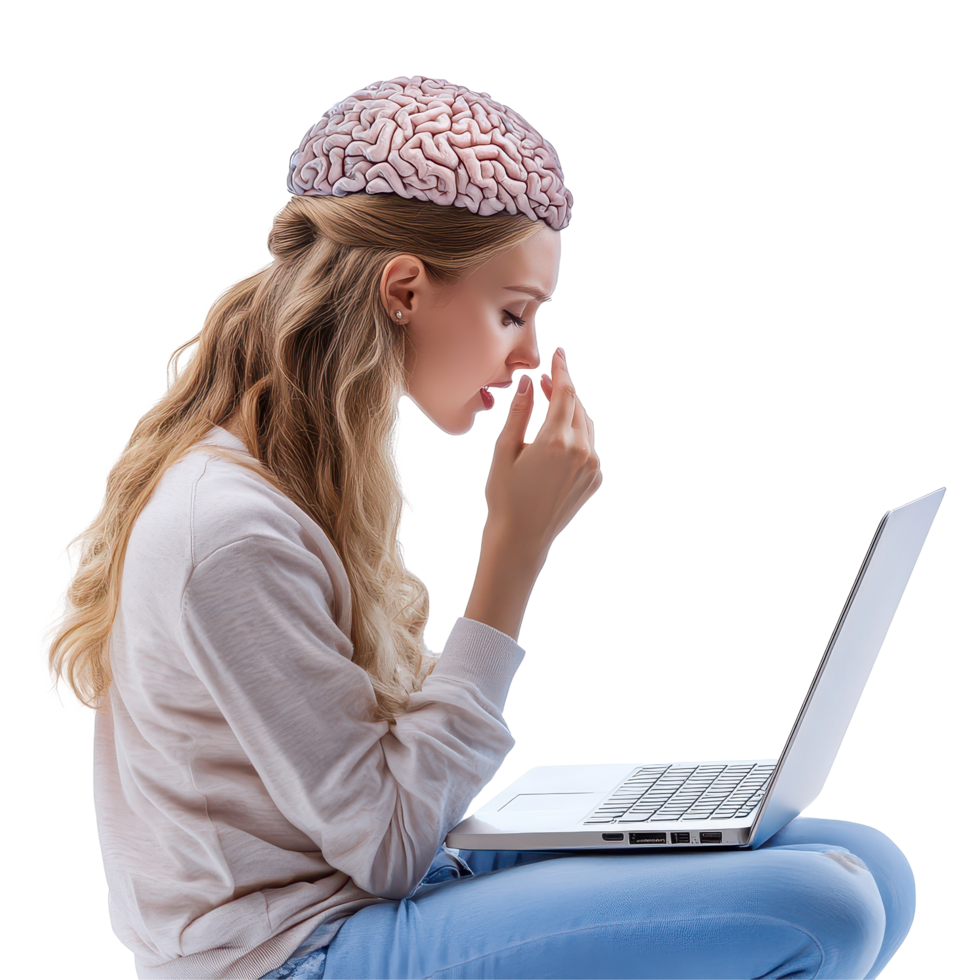Woman engages in deep thought while typing on laptop with a brain model head against a Transparent background, Woman Talking on Head and Typing on Laptop isolated on background png