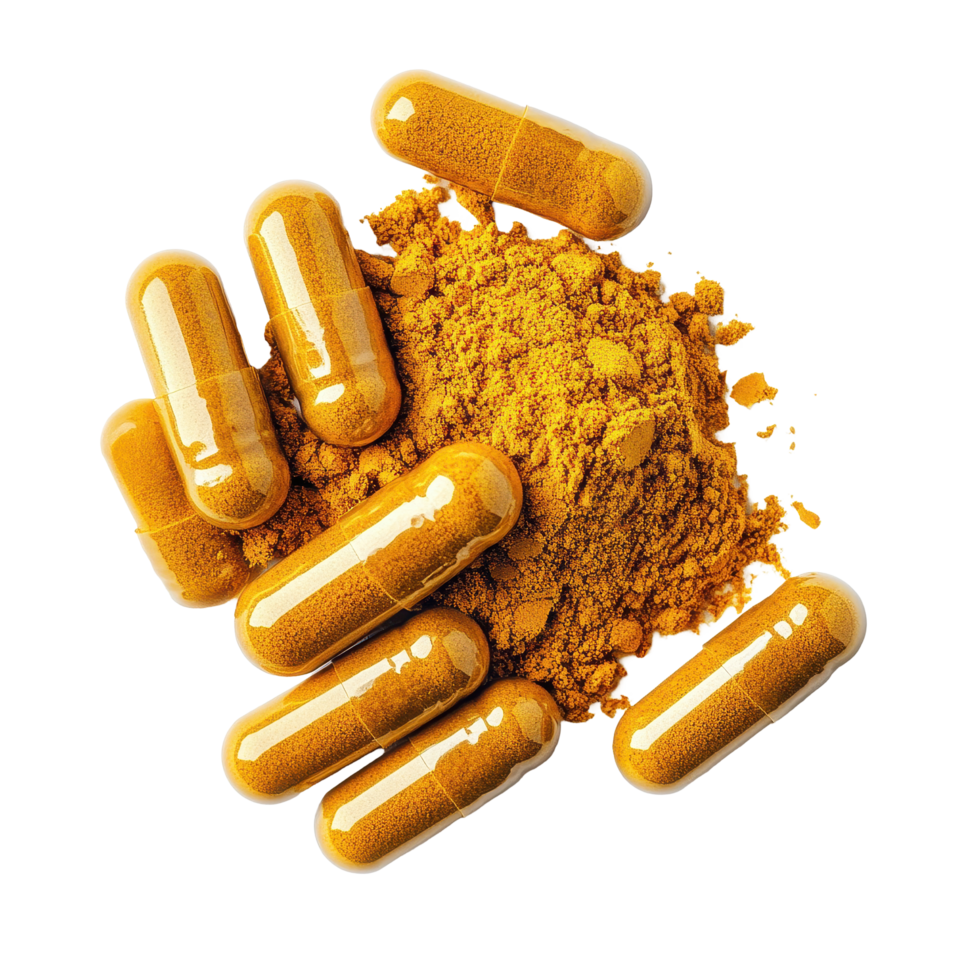 Turmeric powder and capsules for health benefits and wellness support, Turmeric powder and turmeric capsules isolated on Transparent background png