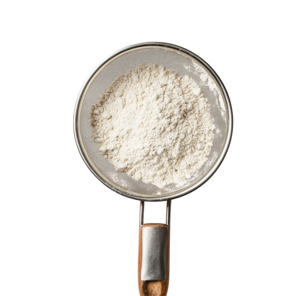 Strainer filled with white flour on a clean surface for baking preparations, Strainer With Flour, Transparent background png