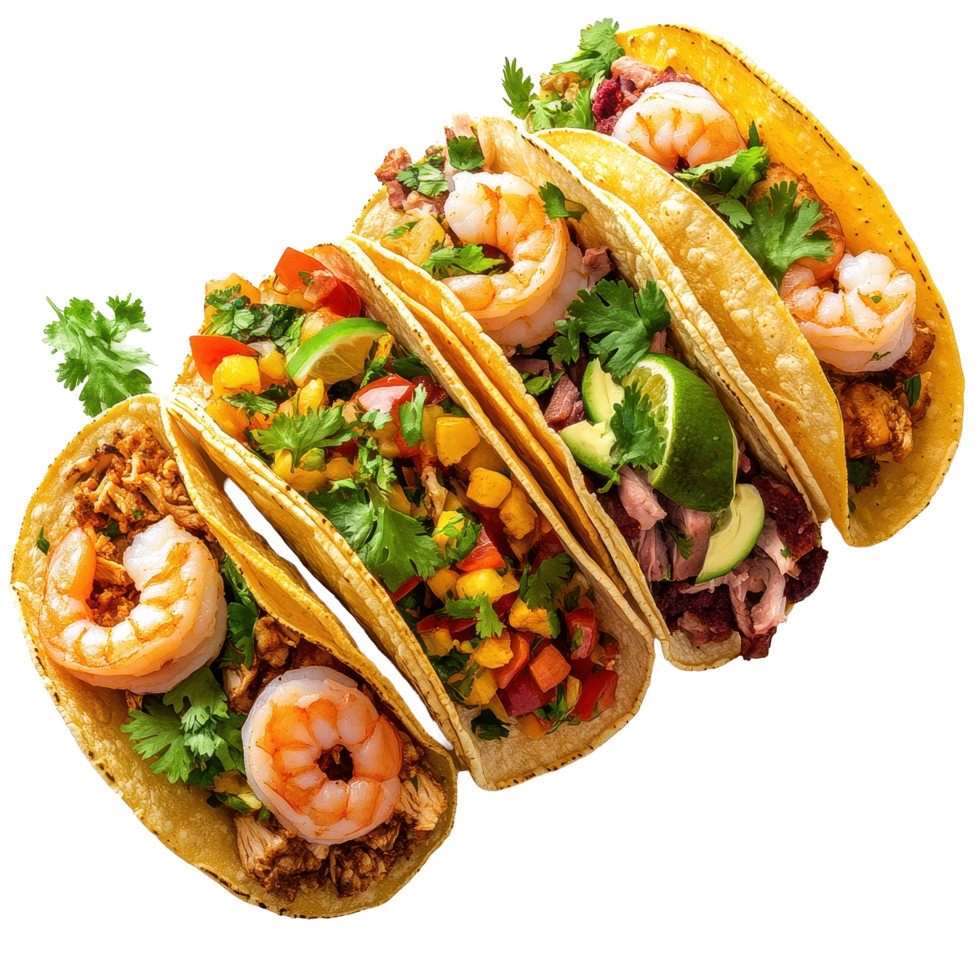 Delicious shrimp, chicken, beef, and vegetarian tacos served with fresh toppings and herbs, Shrimp Tacos, Chicken Tacos, Beef Tacos, and Vegetarian Tacos on Transparent background png