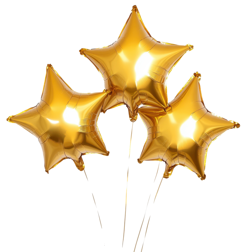 Bright golden star balloons floating against a clean white background for celebrations and events, Golden Star Helium Balloons on white background png