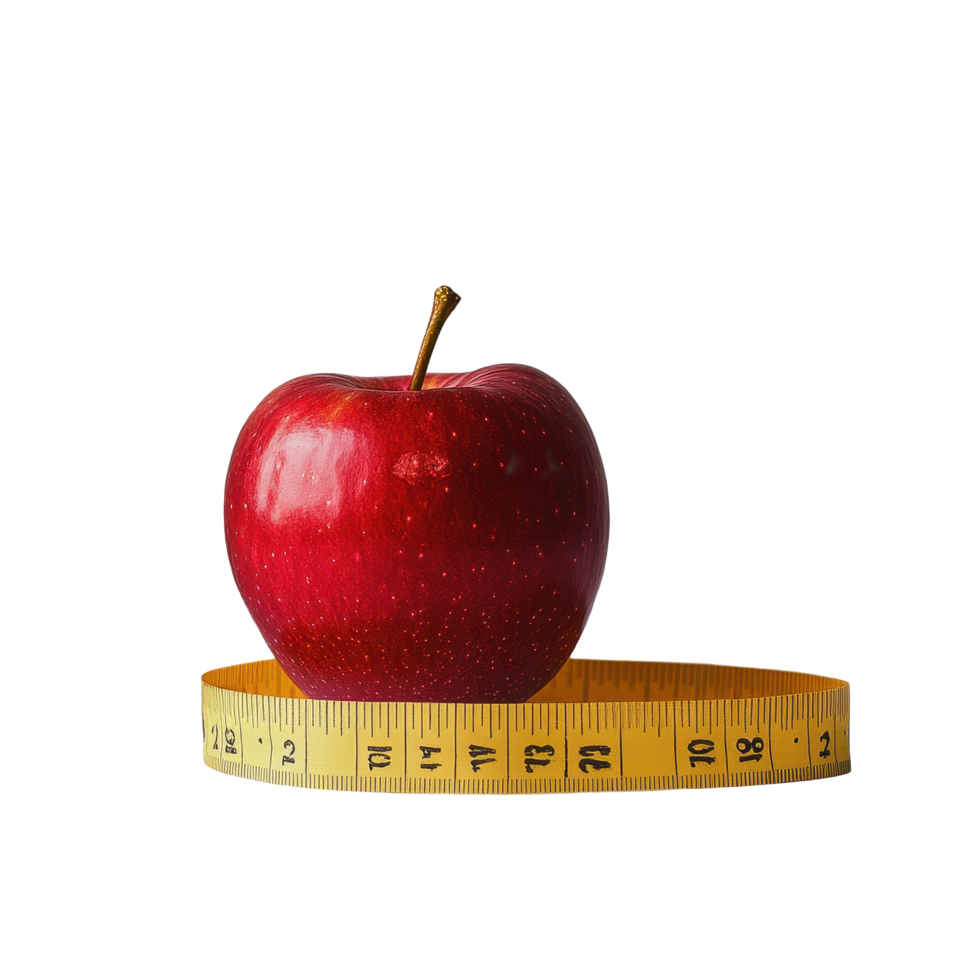 Measuring a vibrant red apple with yellow tape on a clean Transparent background for healthy eating representation, Red apple with a yellow measuring tape, background png