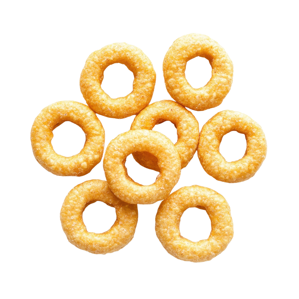 Cheerios cereal corn rings piled together on a white background showcasing their texture and shape, Cheerios cereal corn rings isolated on white background png