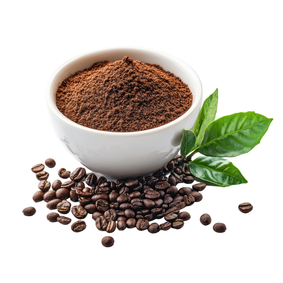 Fresh instant coffee grounds and coffee beans with green leaves isolated on white background, instant coffee leaves and pepper cupisolated on white background png