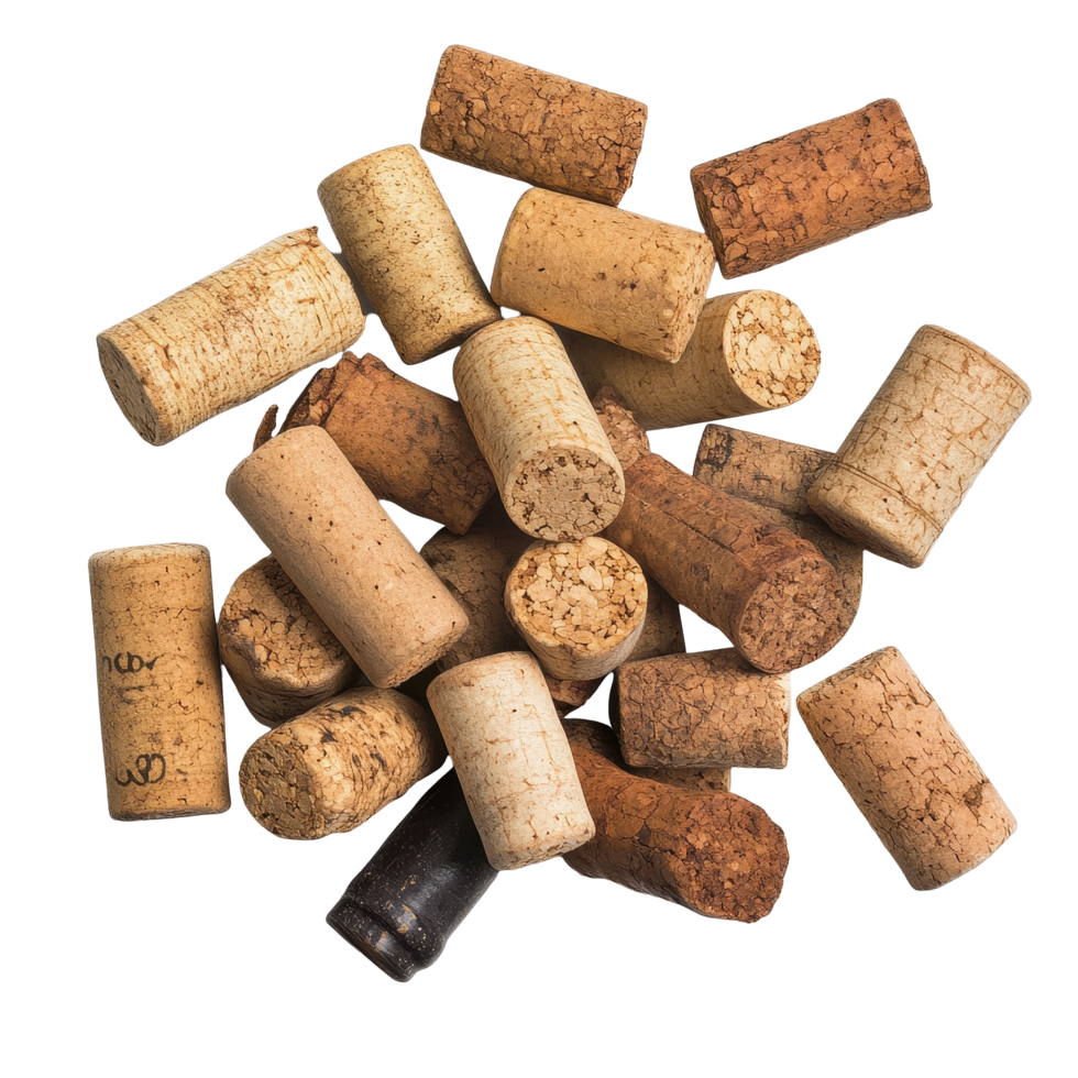 Diverse assortment of bottle corks displayed in a detailed arrangement for creative use, bottle corks isolated png