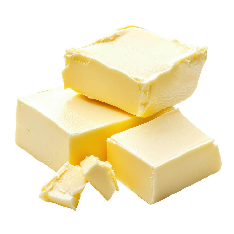 Delicious butter slices stacked and decorated on a clean Transparent background, Slices butter and a block butter isolated on background png