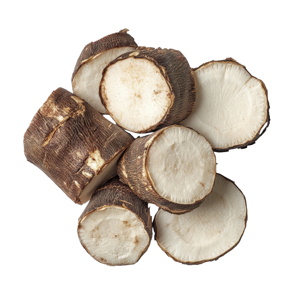 Freshly sliced taro root pieces arranged neatly on a Transparent background, slice taro root on background png