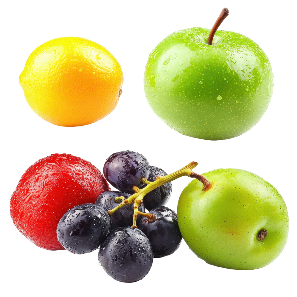 Fresh assortment of fruits featuring lemon, apple, grapes, and cherries isolated on white background, fruit vegetable isolated on white background png