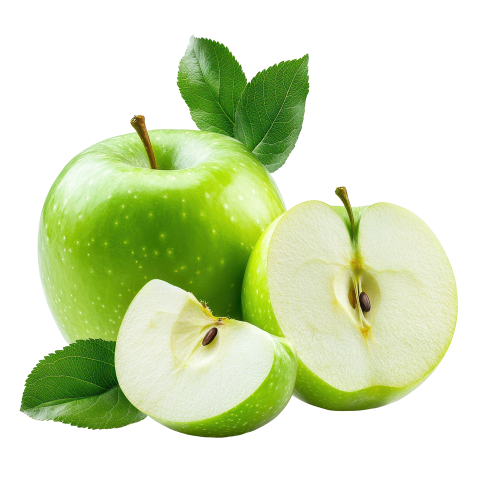 Fresh green apple with leaves and sliced segments on a clean background, green apple with leaves, half and slice isolated on white background png