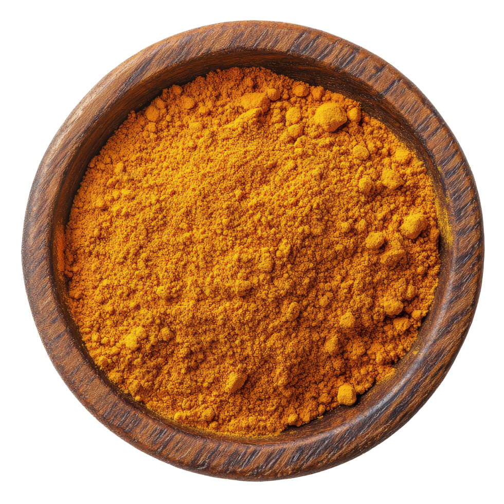 Turmeric powder in a wooden bowl creating a vibrant display on a Transparent background, turmeric powder in wood bowl on background png
