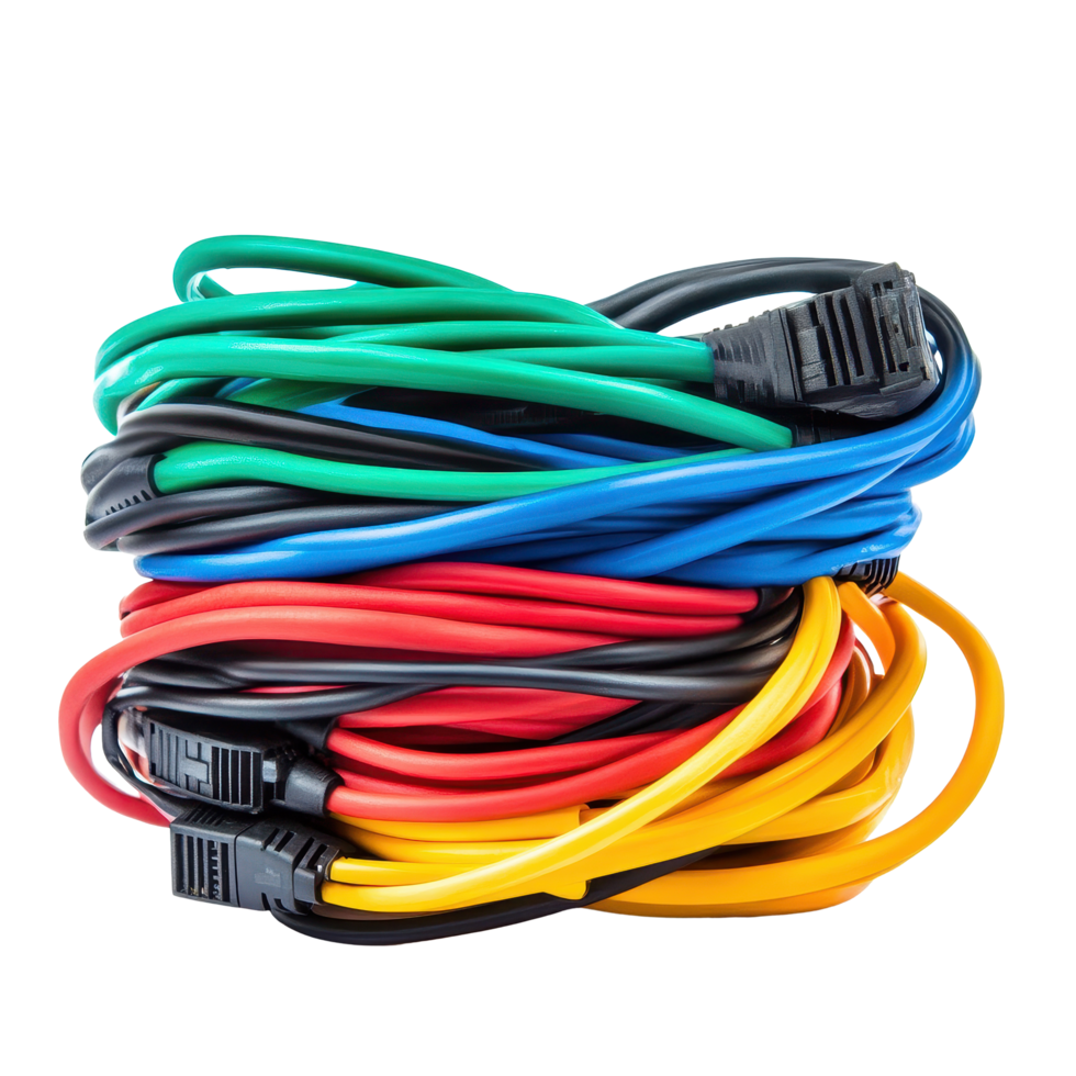 Multicolored computer cables in a stacked arrangement on a Transparent background, Multicolored computer cables isolated on background png