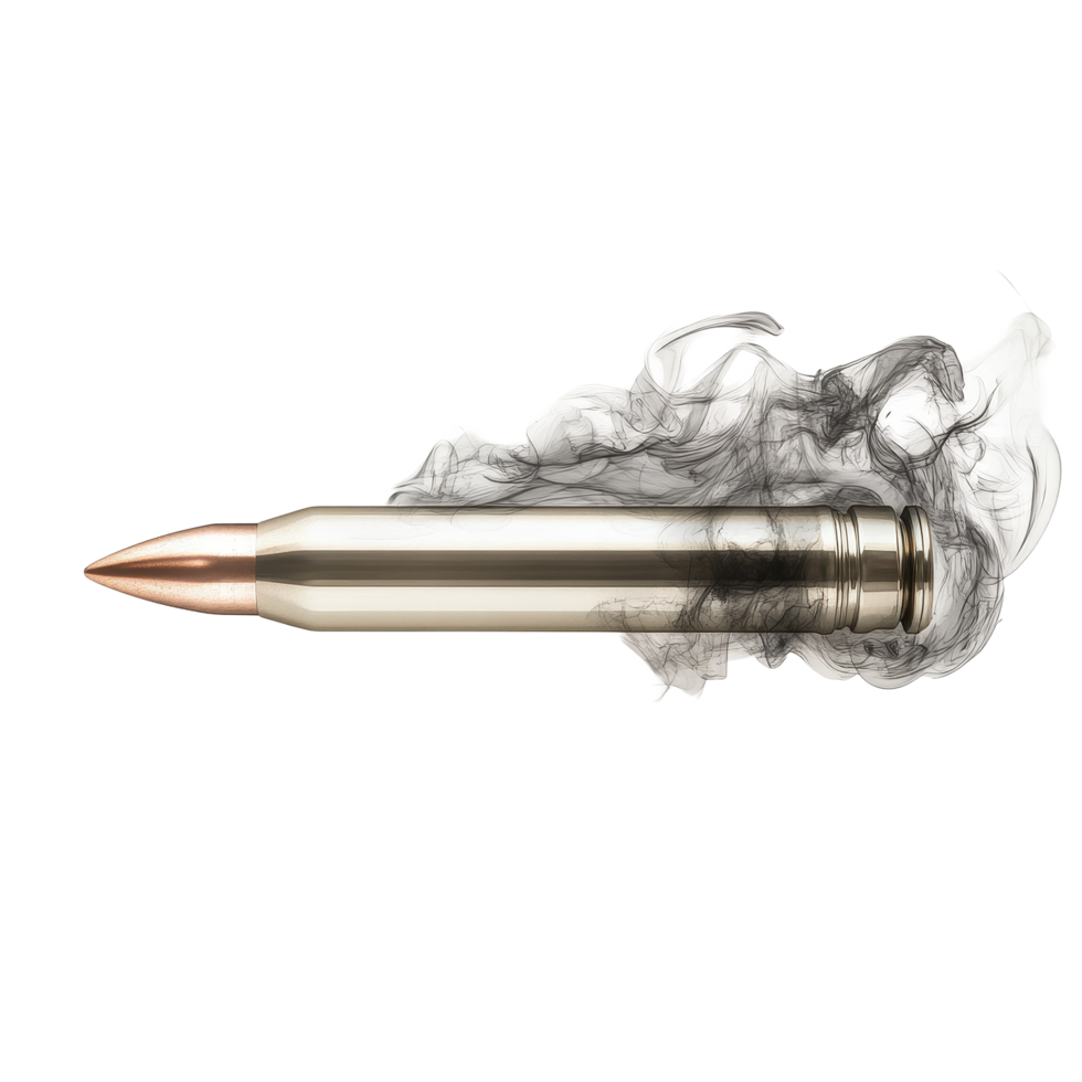 Metal bullet with smoke trail signifying ammunition discharge from firearm, Metal Bullet with Smoke Trail, Ammunition for Firearms, isolated on Transparent background png