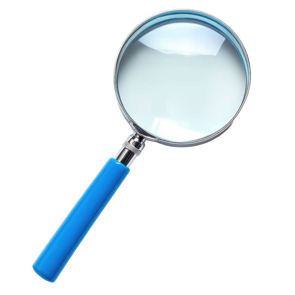 Investigative magnifying glass with blue handle for detailed examination and analysis, Investigative Magnifying Glass with Blue Handle, white background png