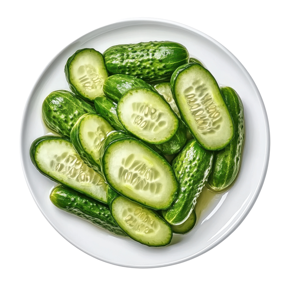 Pickled cucumbers arranged neatly on a white plate isolated on clean Transparent background, Pickled cucumbers on a plate isolated on background png