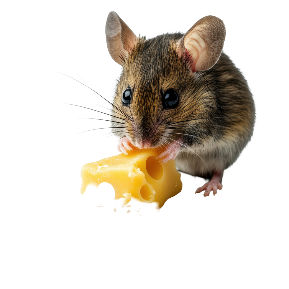 Mouse enjoys cheese while perched on a wooden trap in a minimalist setting, Mouse Eating Cheese from a Trap, Transparent background png
