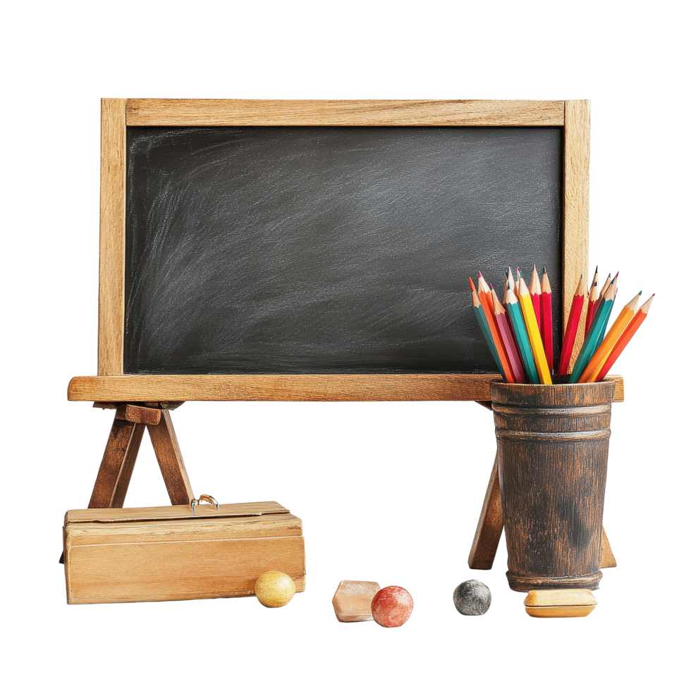 Study desk with chalkboard, colorful pencils, and wooden box isolated on a Transparent background, Study Desk and Board Isolated on background png