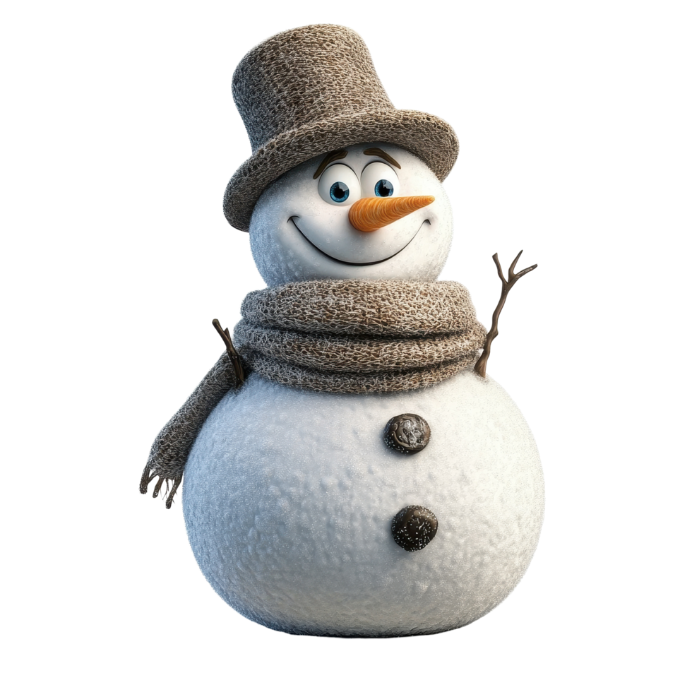 Frosty snowman character waving cheerfully with a scarf and hat on a bright winter day, Frosty Snowman Winter Character Isolated on white background png