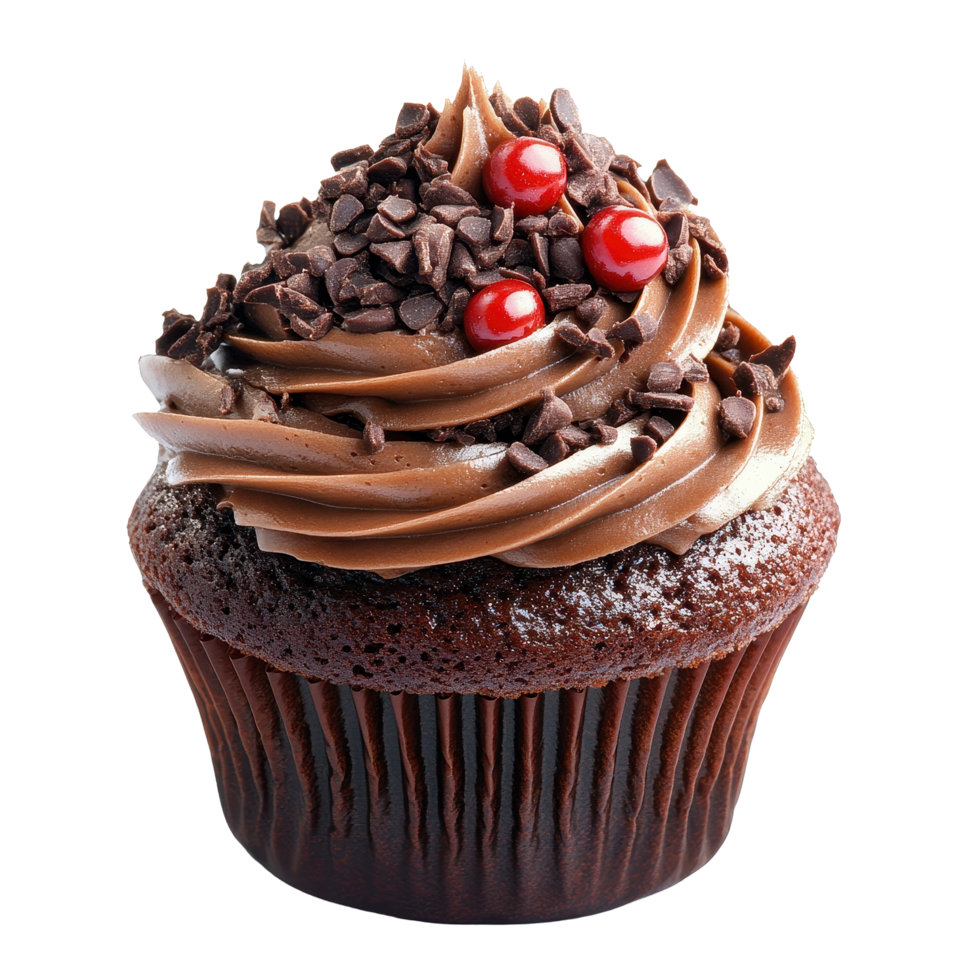 Chocolate cupcake with rich frosting and toppings captured on a white background, chocolate mud cupcake isolated on white background png