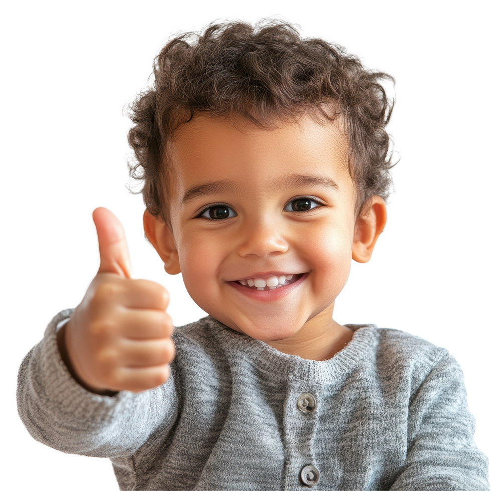 Cheerful child giving thumbs up with a bright smile on a white background, Cheerful Child Giving Thumbs Up white background Portrait png