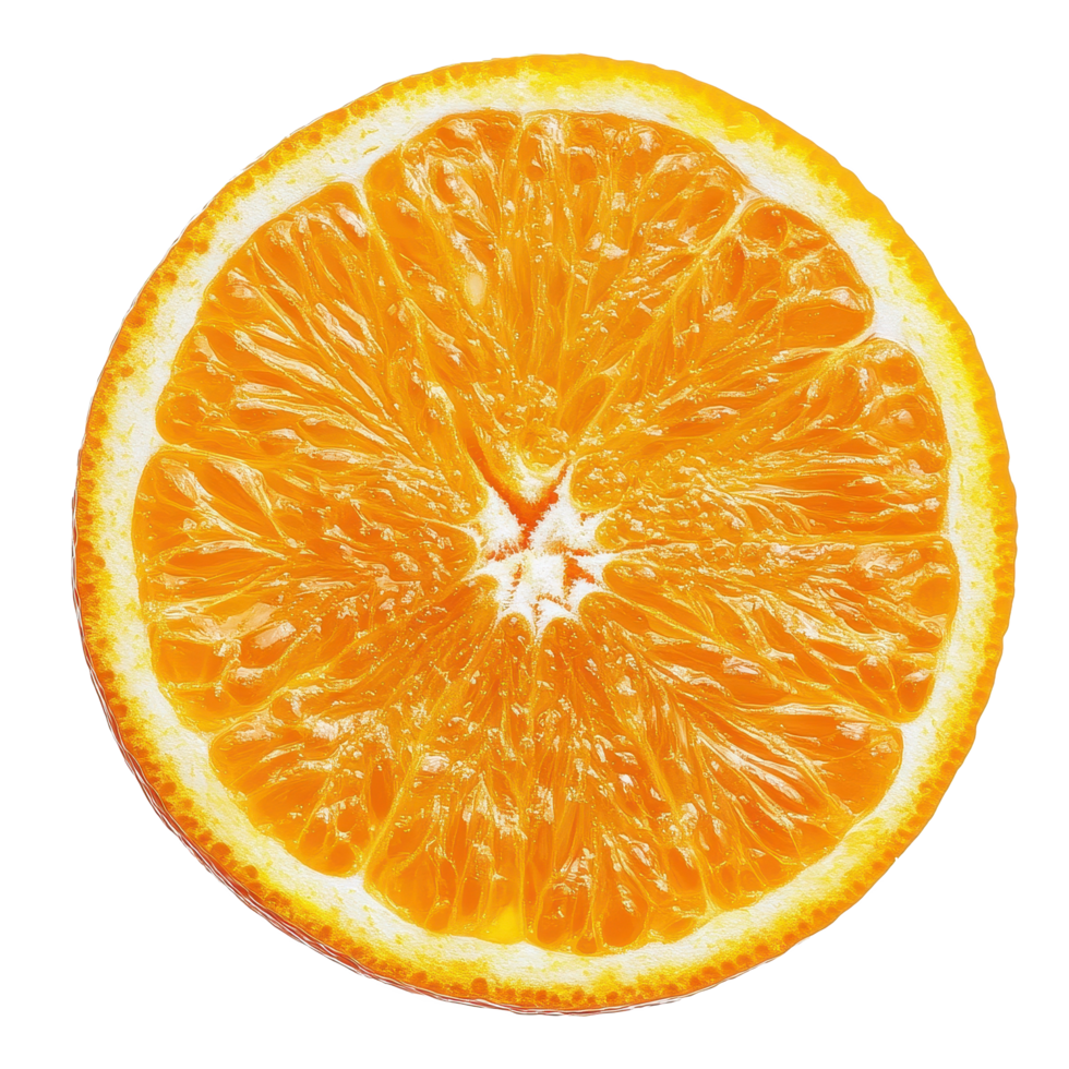 Freshly cut orange slice showcasing vibrant color and texture in macro view, Orange fruit isolated, Orange fruit macro studio photo Transparent background png