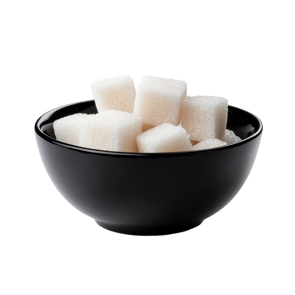 Sugar cubes in a black bowl set against a Transparent background creating a minimalist and elegant presentation, Sugar cube in black bowl isolated on background png