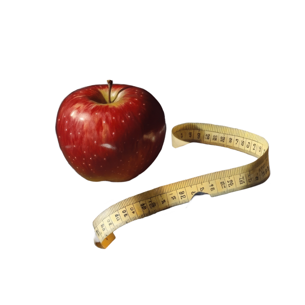 Healthy choices combining fitness and nutrition with apple, measuring tape, and dumbbells on a table, Red Apple and Measuring Tape with Dumbbells png
