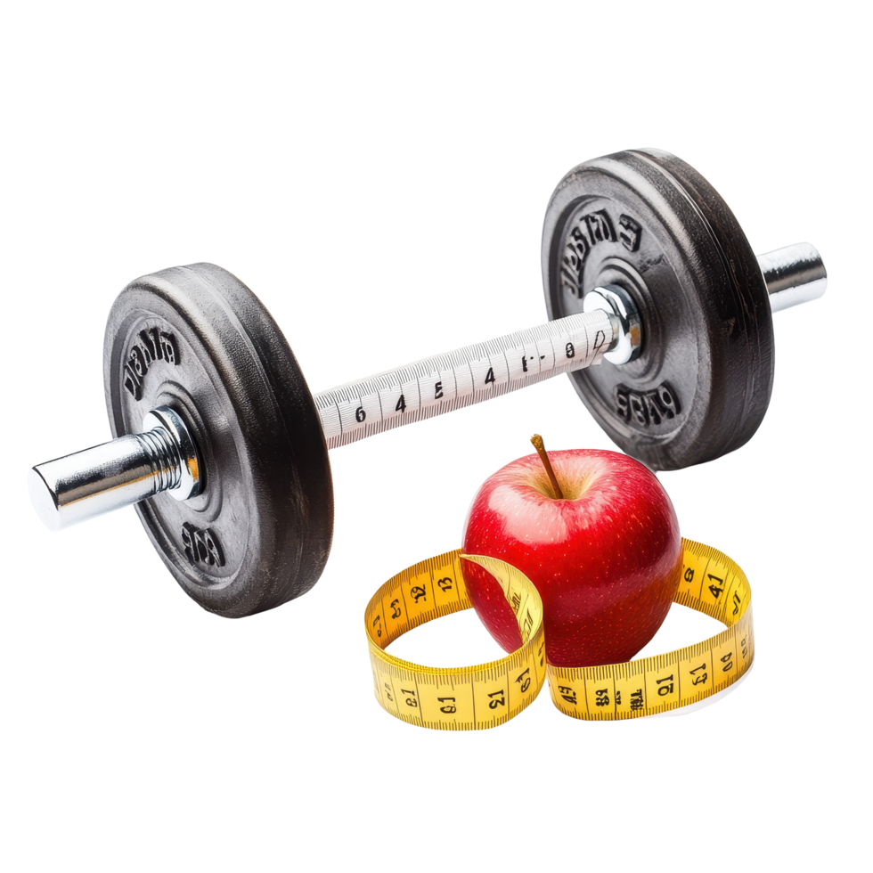 Dumbbells, a measuring tape, and an apple symbolize fitness and healthy living choices, Dumbbells with measuring tape and apple isolated on Transparent background png