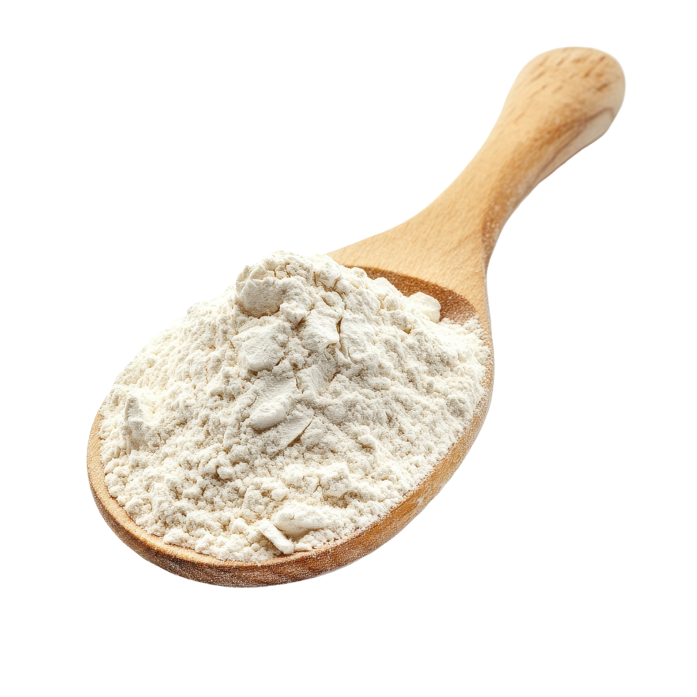 White wheat flour piled in a wooden spoon on a clean surface for baking and cooking preparations, Pile of white wheat flour in wooden spoon isolated on Transparent background png