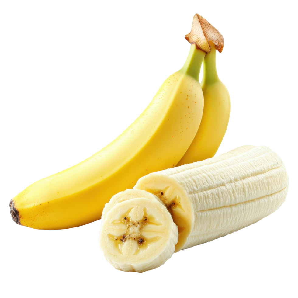 Whole and sliced bananas isolated on Transparent background showcasing their fresh and nutritious appeal, Ripe banana isolated on background png