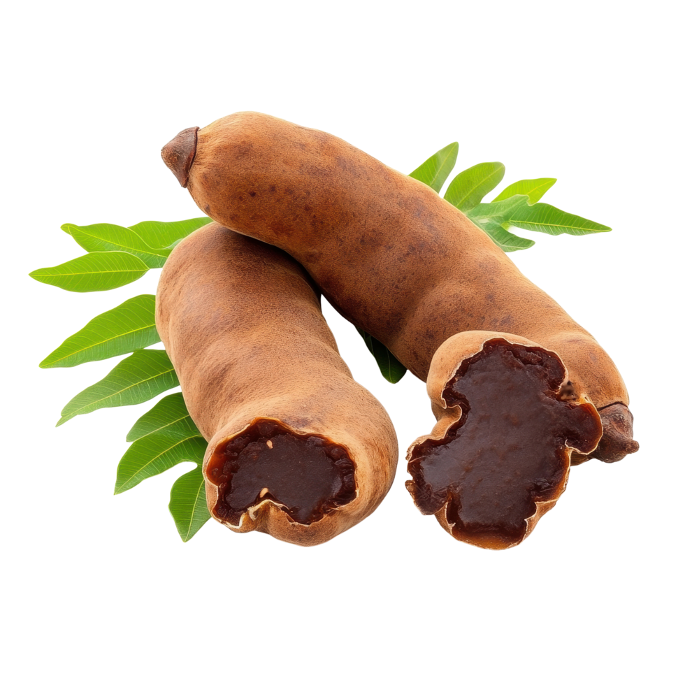 Fresh tamarind and leaf isolated on a Transparent background showcasing natural texture and color, tamarind with leaf isolated on background png