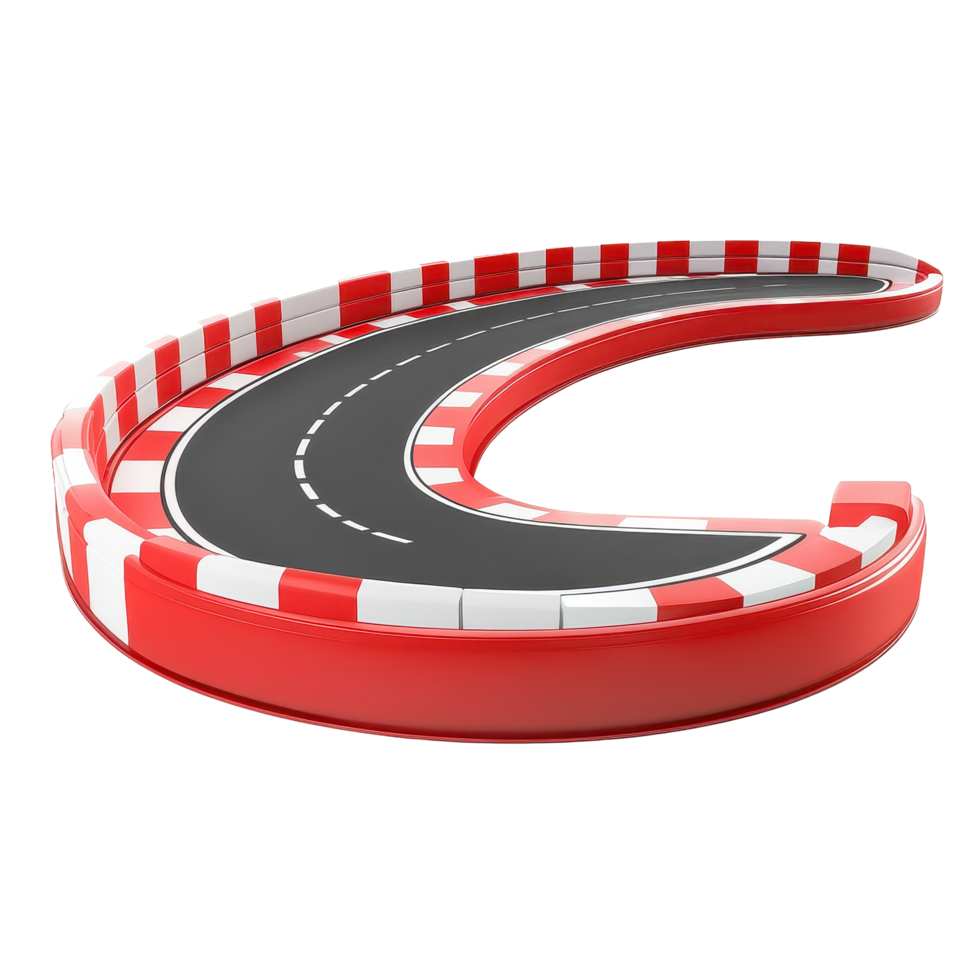 Curving race track with red and white barriers isolated against a Transparent background, Curving Race Track with Red and White Barriers, isolated on background png