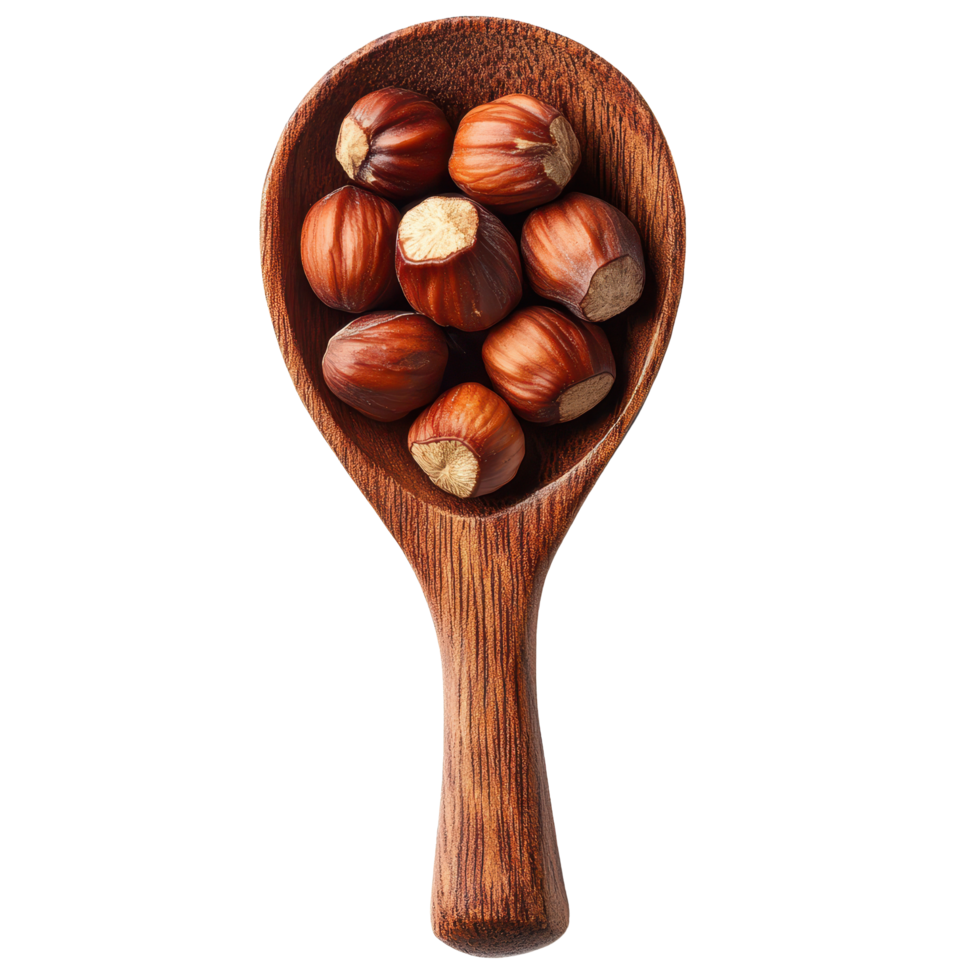 Hazelnuts in a wooden spoon on a white background showcasing natural textures and colors, hazelnuts in wood spoon isolated on white background png